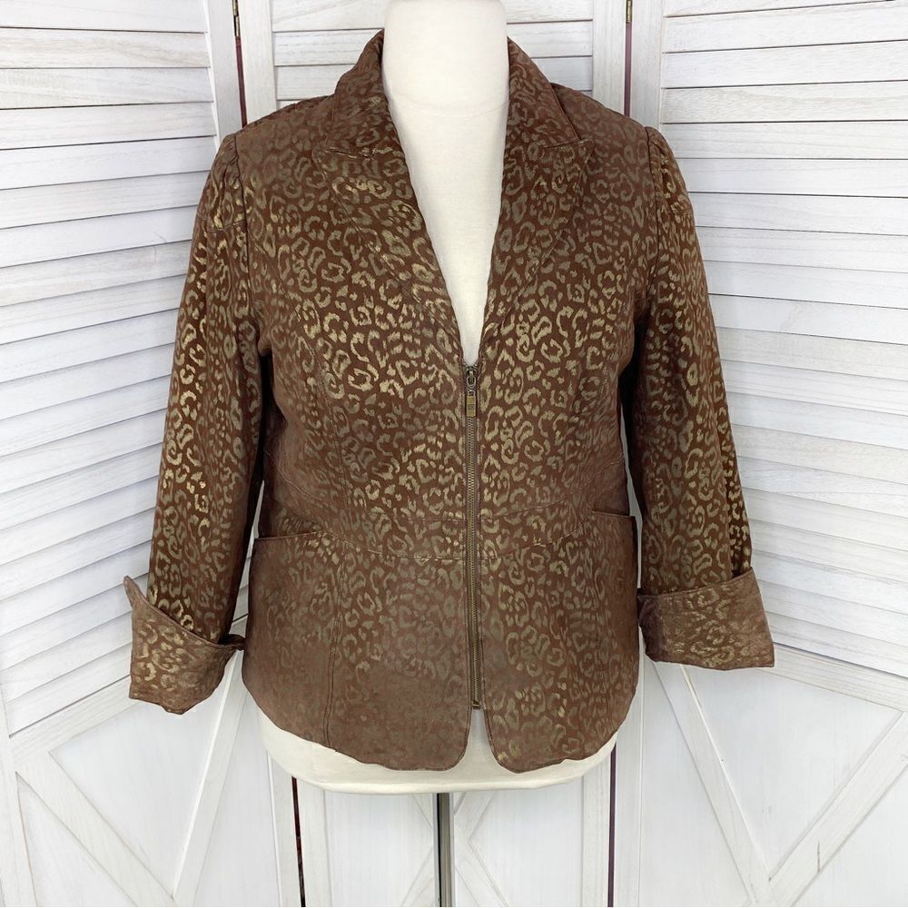 Pamela McCoy Leather‎ Coat Womens 1X Metallic Leopard Print Brown Gold Zip Front